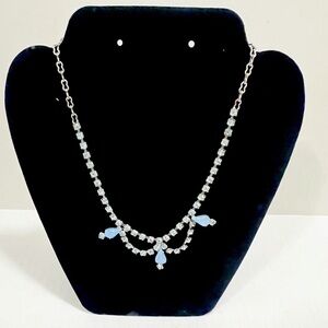 Givre Glass Mid Century Blue Rhinestones Blue Stones Choker Bib Necklace